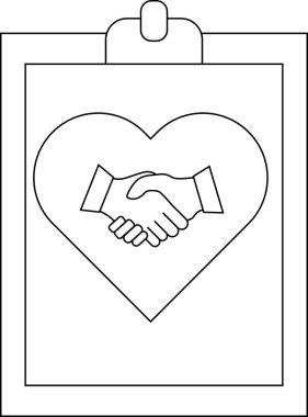 A clipboard displaying a heart symbol containing a handshake illustration