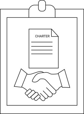 A clipboard displaying a charter document above a handshake illustration