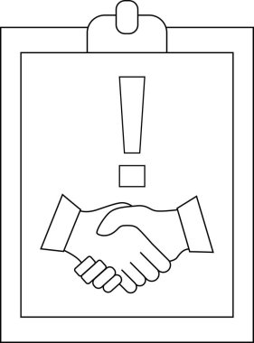 A clipboard displays a handshake beneath an exclamation mark