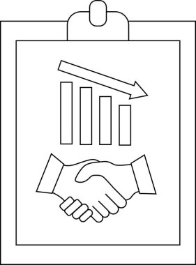 A clipboard displays a declining bar graph an arrow and a handshake
