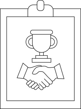 Black and white image of a clipboard with a trophy and handshake graphic