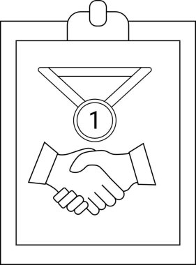 Black and white image of handshake with medal on clipboard