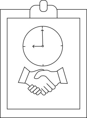Clipboard shows clock hands on 900 above handshake