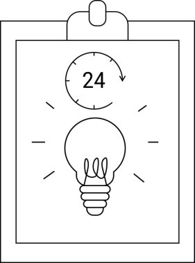 Clipboard with 24hour clock above a lightbulb symbolizing constant innovation or ideas