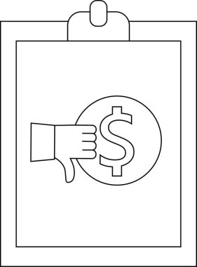 A clipboard displays a coin marked with a dollar sign accompanied by a thumbsdown gesture