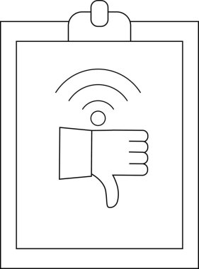 A clipboard shows a hand giving a thumbs down beneath a WiFi symbol signifying bad internet access