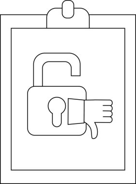 An open padlock on a clipboard with a thumbsdown hand emerging from the lock