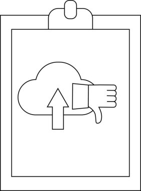 Clipboard with a cloud icon upload arrow and thumbs down gesture