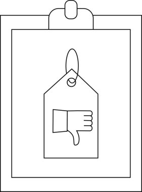 Clipboard with a price tag showing a thumbs down gesture black and white
