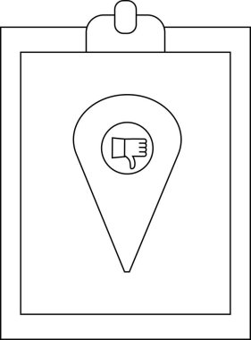 Clipboard with map marker icon and thumbs down icon in the center
