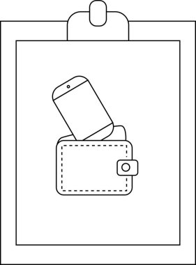 A black and white line drawing of a wallet with a cell phone on top of it set on a clipboard