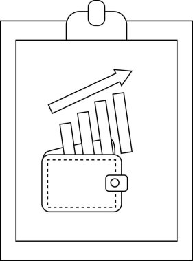 A clipboard displays a wallet with an ascending bar graph and an arrow pointing upwards