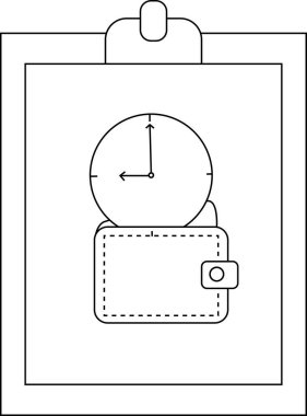 A clipboard holds a clock atop a wallet