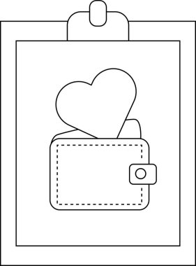 A heart protruding from a wallet depicted within a frame resembling a clipboard