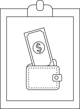 Wallet with money bill dollar sign fastener dashedline stitching in frame on clipboard