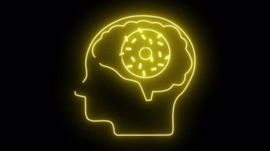 İçinde donut olan bir insan kafasının neon sarısı çizgisi siyah bir arkaplanda.