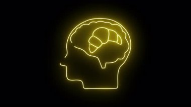 Neonyellow outline başları beyin bir kruvasan siyah arka plan içerir