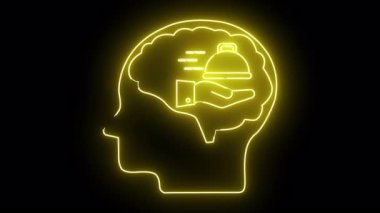 Sarı neon beyin çizgisi Bir elin içinde Hız çizgileri ile kaplı bir tabak sunar