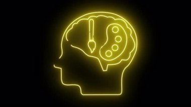 Siyah bir zemin üzerinde boya fırçası ve boya paleti olan sarı neon beyin çizgisi.