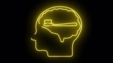 Sarı neon beyin çizgisi ve siyah arka planda diş fırçası.