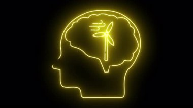 Sarı neon beyin çizgisi, içinde rüzgar türbini olan siyah bir arka plan.