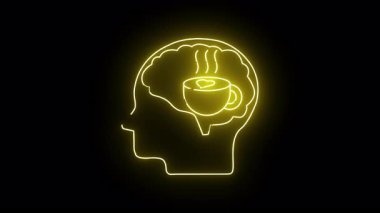Beyin siluetinin sarı neon çizgisi ve siyah bir fonda kalbi olan kahve fincanı.