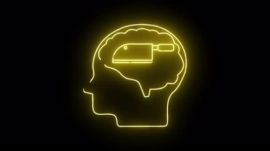 Siyah bir arka planda beyni ve satırı olan sarı neon bir kafa.