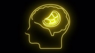 Bir dilim portakal ya da greyfurt içeren bir beynin sarı neon çizgisi.