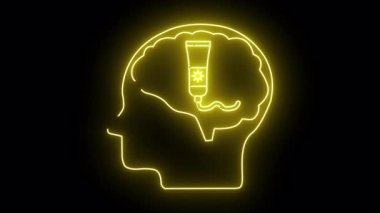 Güneş kremi tüpüyle doldurulmuş, beyin şeklindeki bir kafanın sarı neon çizgisi.