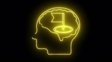 İçinde beyin olan insan kafasının sarı neon çizgisi. Siyah arka planda bir çember oluşturulmuş bir bayrak.