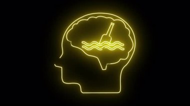 Sarı neon bir baş beyin şişesi siyahlara karşı dalgalı çizgiler çiziyor