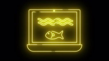 Parlayan neon bir dizüstü bilgisayar siyah bir arkaplan karşısında bir balığı ve dalgaları ekranda gösterir