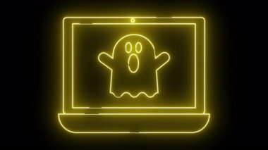 Neon sarısı bir dizüstü bilgisayar, ekranında siyah bir arkaplanda parlayan bir hayalet gösterir.