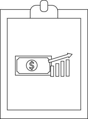 Bir pano yukarı bakan bir ok ile yükselen bir çubuk grafiğinin yanında bir dolar banknotunu gösterir
