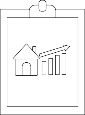 Bir pano, yükselen grafik çubukları ve yükselen bir ok ile gayrimenkul büyümesini sembolize ediyor.