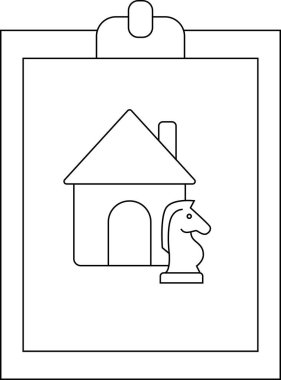 Bir panoda bacalı bir ev simgesi ve bir satranç şövalyesi taşının yanında kemerli bir kapı var.