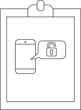 Clip sanatı, basit bir tek renkli pano üzerinde kilitsiz bir asma kilit bulunan bir cep telefonu ikonu konuşma balonunu betimler