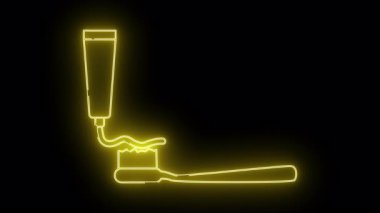 Sarı neon bir diş macunu tüpünün siyah bir arkaplana karşı diş fırçasına yapışmasını özetliyor