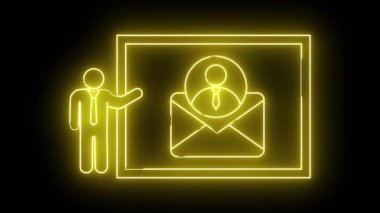 Zarfın yanında duran bir kişinin sarı neon çizimi ve içinde siyah bir arka plan var.