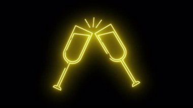 Siyah bir arka planda parlayan sarı tostla özetlenmiş iki şampanya bardağı.