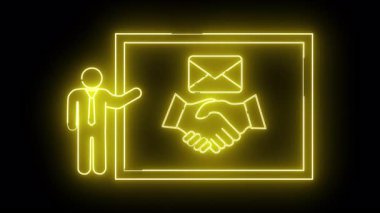 Siyah bir arkaplanda bir dikdörtgen içinde el sıkışma ve zarf sunan bir kişinin neon sarı çizgisi