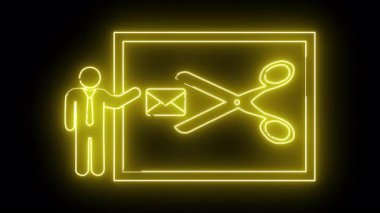 Neonstyle sarı çizgi figür harfi siyah arkaplanda çerçevelenmiş makas ile kesiliyor