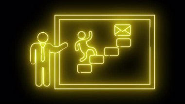 Sarı neon sanatçısı haritaya bakıyor. Merdivenlerden zarfa tırmanıyor.