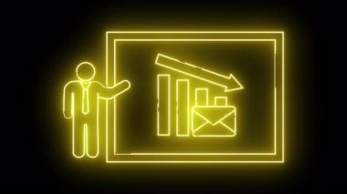 Siyah arkaplanda izole edilmiş aşağı ok çubuğu zarfı ile sarı neon resim sunucu grafiği