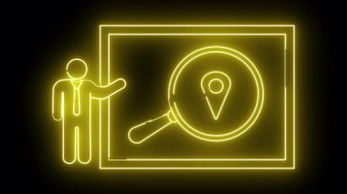 Sarı neon çizgili bir adam büyüteç sunuyor ve çerçevesinde siyah bir arkaplan var.