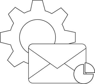Bu özetlenmiş resimde bir dişli e- posta zarfı ve pasta grafiği gösterilir