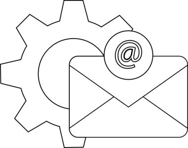 Bir e-posta zarfının arkasında üzerinde daire şeklinde bir sembol olan bir vites simgesi