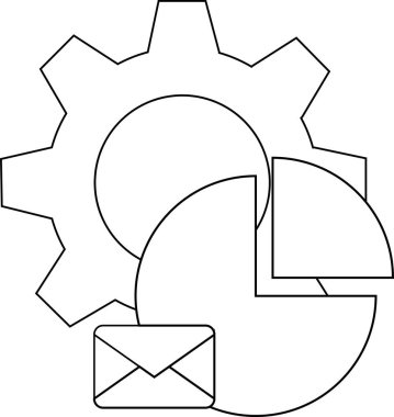 Bir dişli simgesi, beyaz arkaplan üzerine basit bir siyah çizgi çiziminden oluşan bir pasta grafiğini ve zarfı kaplar