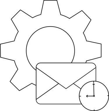 Bir dişli harfi ve saat tasvir edilir.