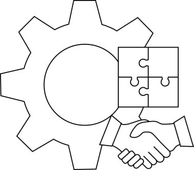 İç dairesi olan bir vites çizgisi kare bir bulmaca ve siyah beyaz bir tokalaşma.